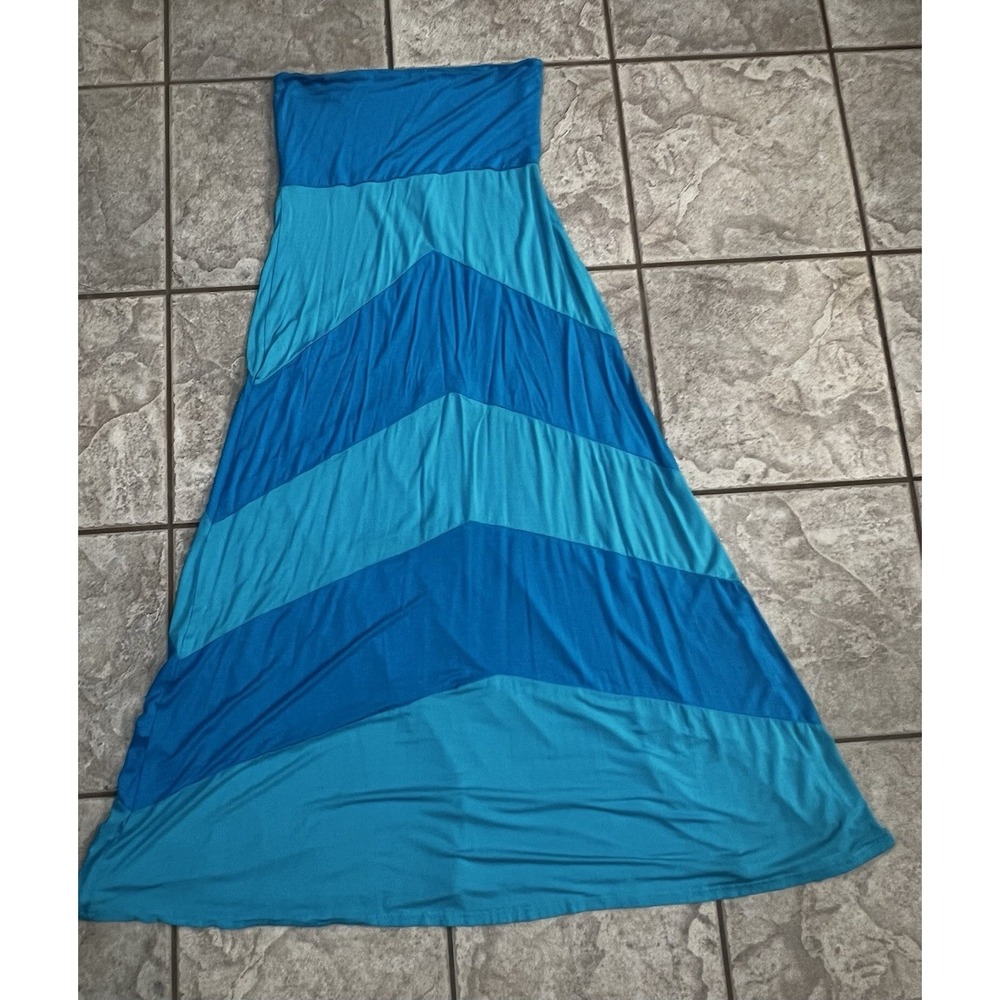 Om‎ Yoga Blue Chevron Colorblock Strapless Maxi Dress Teal L/XL